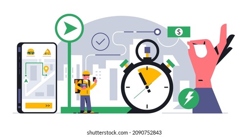 Online food delivery service to your home. The courier accepted the order for food delivery via the mobile application. A route has been built to the address. Time, city, map, hand.Vector illustration