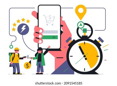 Online food delivery service to your home. Contactless payment for food delivery through the terminal. Feedback to the courier is five stars. Phone, hand, app, money, pay, cash. Vector illustration