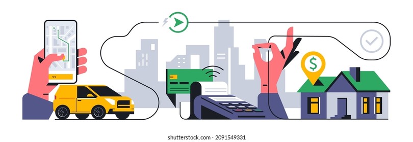 Online food delivery service to your home. Track the location of the order through the phone app. Payment terminal, bank card, hand, phone, app, home, car, address, route. Vector illustration