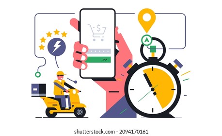 Online food delivery service to your home. Successful payment for ordering food at home through a mobile application. Five star rating for fast delivery. Phone, hand, app, time. Vector illustration