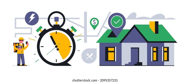 Online food delivery service to your home. Fast food delivery by courier. Courier, stopwatch, house, map, address, gps, sign, icon. Vector illustration