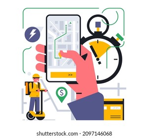 Online food delivery service to your home. Online tracking of the location of the order in the mobile application. Hand, phone, app, map, address, loaction, bank card, courier. Vector illustration.