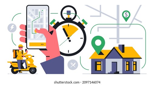 Online Food Delivery Service To Your Home. The Courier Received A Request For The Delivery Of Food. Route To The Address In The Mobile Application. Phone, App, Courier, Map, Gps. Vector Illustration.