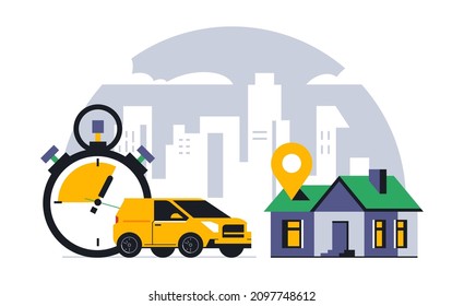 Online food delivery service to your home. Fast food delivery by courier car. Timer, stopwatch, time, gps point. Vector illustration