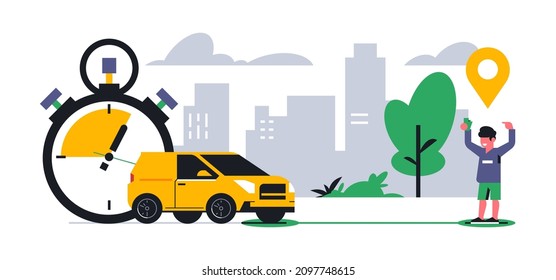 Online food delivery service to your home. Fast food delivery by courier car. Timer, stopwatch, time, money, cash, man, address, route, gps point, location, city, sign, icon. Vector illustration