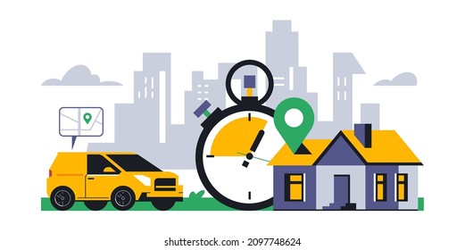 Online food delivery service to your home. Fast food delivery by courier car. Timer, stopwatch, time, address, map, street, route, gps, location, city. Vector illustration