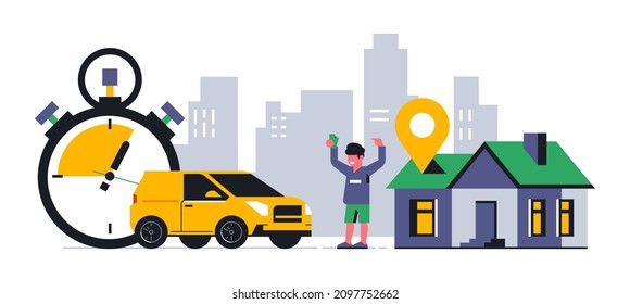 Online food delivery service to your home. Fast food delivery by courier car, money, dollar, house, city, stopwatch, time, gps point. Vector illustration