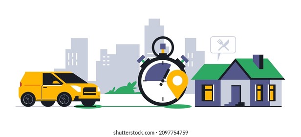 Online food delivery service to your home. Fast food delivery by courier car. Timer, stopwatch, time, address, route, gps point, location, city, sign, icon. Vector illustration