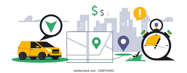 Online food delivery service to your home. Fast food delivery by courier car. Timer, stopwatch, time, address, map, street, route, gps, location, city, sign, icon. Vector illustration