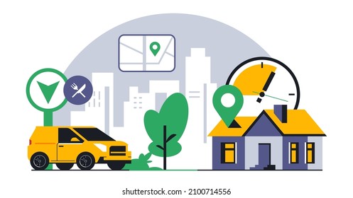 Online food delivery service to your home. Fast food delivery by courier car. Timer, stopwatch, time, address, map, street, route, gps, location, city, sign, icon. Vector illustration