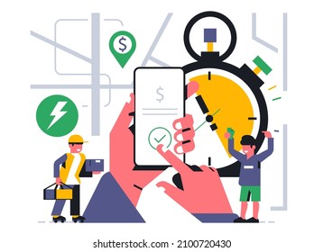 Online Food Delivery Service To Your Home. A Roller Courier Delivered Food And Received Online Payment Via A Phone App. Hand, Touch, Pay, Phone, App, Map, Street, Adress. Vector Illustration