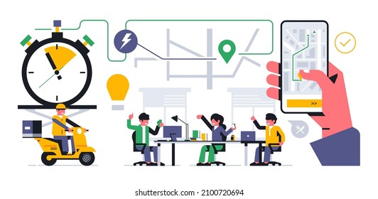 Online food delivery service to your home. Office workers made an order for food delivery. Tracking your order through a mobile application. Phone, app, hand, map, street, scooter. Vector illustration