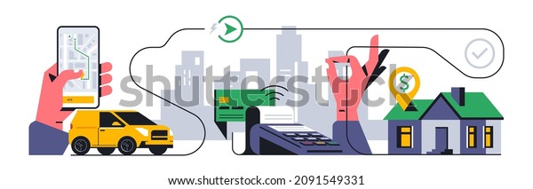 Online food delivery service to your home.\
Track the location of the order through the phone app. Payment\
terminal, bank card, hand, phone, app, home, car, address, route.\
Vector illustration