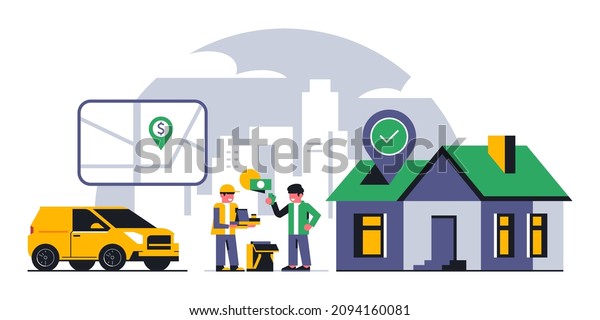 Online\
food delivery service to your home. The courier of the delivery\
service transfers the order and receives the money. Time, car,\
city, map, street, gps, home. Vector\
illustration