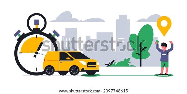 Online food delivery service to your home.\
Fast food delivery by courier car. Timer, stopwatch, time, money,\
cash, man, address, route, gps point, location, city, sign, icon.\
Vector illustration