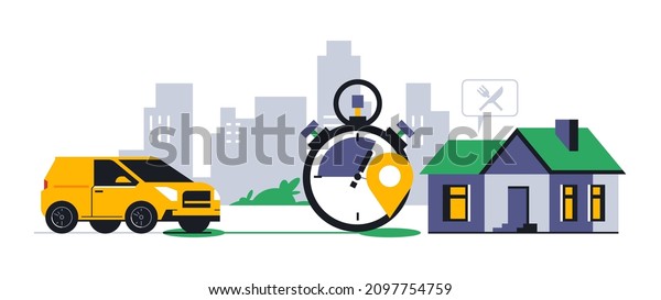 Online food\
delivery service to your home. Fast food delivery by courier car.\
Timer, stopwatch, time, address, route, gps point, location, city,\
sign, icon. Vector\
illustration