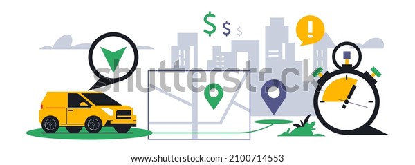 Online\
food delivery service to your home. Fast food delivery by courier\
car. Timer, stopwatch, time, address, map, street, route, gps,\
location, city, sign, icon. Vector\
illustration
