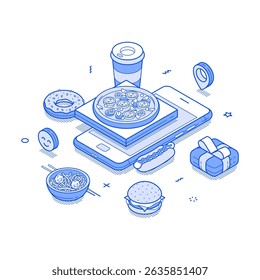 Online food delivery smartphone application restaurant menu order isometric minimalist vector illustration. Cafe cafeteria eatery takeaway dish meal shipping courier service mobile phone app
