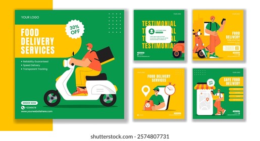 Online Food Delivery Social Media Post Templates in Flat Cartoon Style Illustration