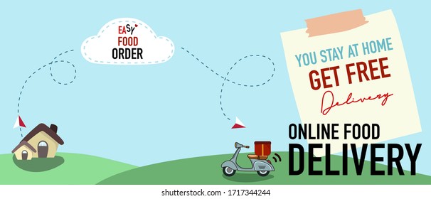 Online food delivery. Stay at home and shopping online. Advertisement  for food business. Food for quarantine people .