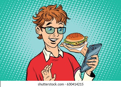 Online food delivery, a teenager uses a smartphone app. Pop art retro vector illustration