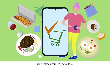 Online food delivery: user orders ready food using mobile app, delicious fresh food and drinks in the background. online shopping for fresh produce