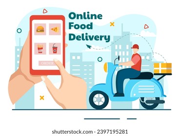 Online Food Delivery Vector Illustration with Order Food on the Phone and it will be Delivered According to the Destination in Flat Cartoon Background