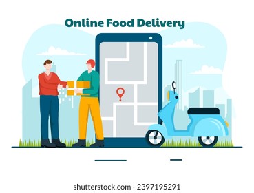 Online Food Delivery Vector Illustration with Order Food on the Phone and it will be Delivered According to the Destination in Flat Cartoon Background