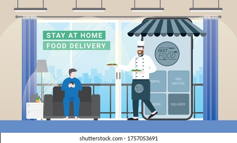 Online food and fast delivery concept. Chef as business owner get through mobile screen for serving food. Application technology service food from everywhere. Man order from sofa in living room.