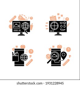 Online food glyph icons set. Dark store, pizza constructor online, food map, shopping. Shopping application. Filled flat signs. Isolated silhouette vector illustrations 