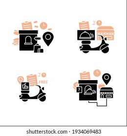 Online food glyph icons set. Restaurant fast delivery, issue point, ghost kitchen. Shopping application. Filled flat signs. Isolated silhouette vector illustrations