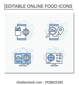 Online food line icons set. Dark store, pizza constructor online, food map, shopping. Shopping application. Isolated vector illustrations. Editable stroke