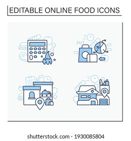 Online food line icons set. Calories calculator, office and home delivery, ready-made ration. Shopping application. Isolated vector illustrations. Editable stroke