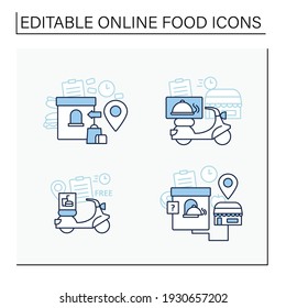 Online food line icons set. Restaurant fast delivery, issue point, ghost kitchen. Shopping application. Isolated vector illustrations. Editable stroke