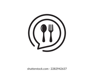 online food logo. chat with fork spoon and plate combination symbol vector illustration