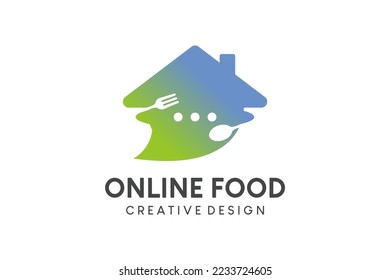 Online food logo design, vector illustration of a food order logo with the concept of a chat order icon in the form of a house