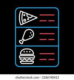 Online food menu vector isolated on black background icon. Delivery sign. Graph symbol for cooking web site and apps design, logo, app, UI