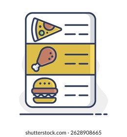 Ícone isolado do vetor do menu de comida online. Sinal de entrega. Símbolo de gráfico para site de culinária e design de aplicativos, logotipo, aplicativo, UI