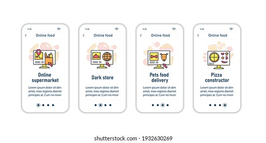 Online food onboarding mobile app screens. Consists of online supermarket, dark store, pets fod delivery, pizza canstructor steps menu. Set of UI, UX, web template with RGB color linear icons