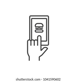 Online food order app, delivery service line icon. Finger tapping screen of cellphone.