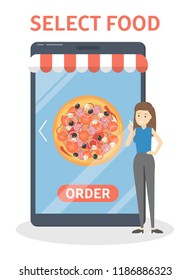 Online food order in the app process. Select food button. Buying pizza in e-store. Internet shop website in mobile phone. Isolated vector flat illustration