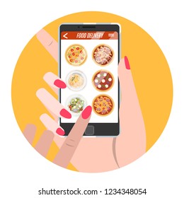 Online food order in the app process. Select food button. Buying pizza in e-store. Internet shop website in mobile phone. Isolated vector flat illustration