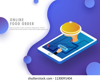 Online food order concept, food mobile app open on a smartphone screen, online delivery with map navigation to the destination point. Landing page design for advertisement.