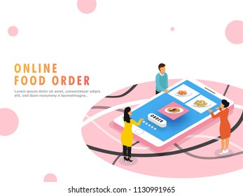 Online food order concept, food mobile app open on a smartphone screen, online delivery with map navigation to the destination point. and multiple users ordering food online.