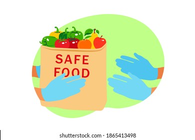 Online food order. Contactless express safe delivery service. Paper package with fresh food from supermarket in gloves hands. Care about health. Flat style.