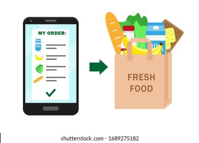 Concepto de pedido o entrega de comida en línea. Teléfono inteligente con lista de pedidos y bolsa de papel lleno de productos frescos. Ilustración vectorial.