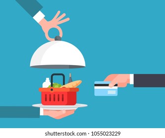 Online Food Order And Delivery Service Concept Hand Paying For Basket Of Grocery Products With Credit Card