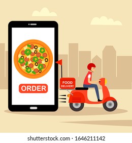 Online Food Order And Food Delivery Service Vector Illustration. Uber Eat, Grab Food, Fast Food Design Template For Landing Page, Web, Mobile App, Poster, Flyer.