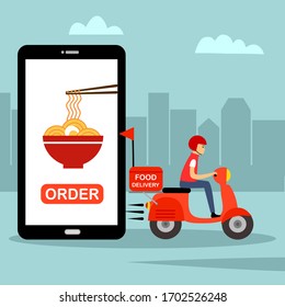 Vektorillustration von Online-Bestellungen und der Lieferung von Lebensmitteln. Asiatische Speisen oder Nudelgerichte online bestellen. Uber eat, packen Sie Lebensmittel in flachem Design für Landing-Page, Web, mobile App, Poster, Flyer. 