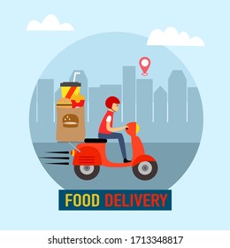 Online food order and food delivery service vector illustration. Uber eat, grab food, fast food design for landing page, web, poster, flyer. Ready meal logistic with city skyline background.